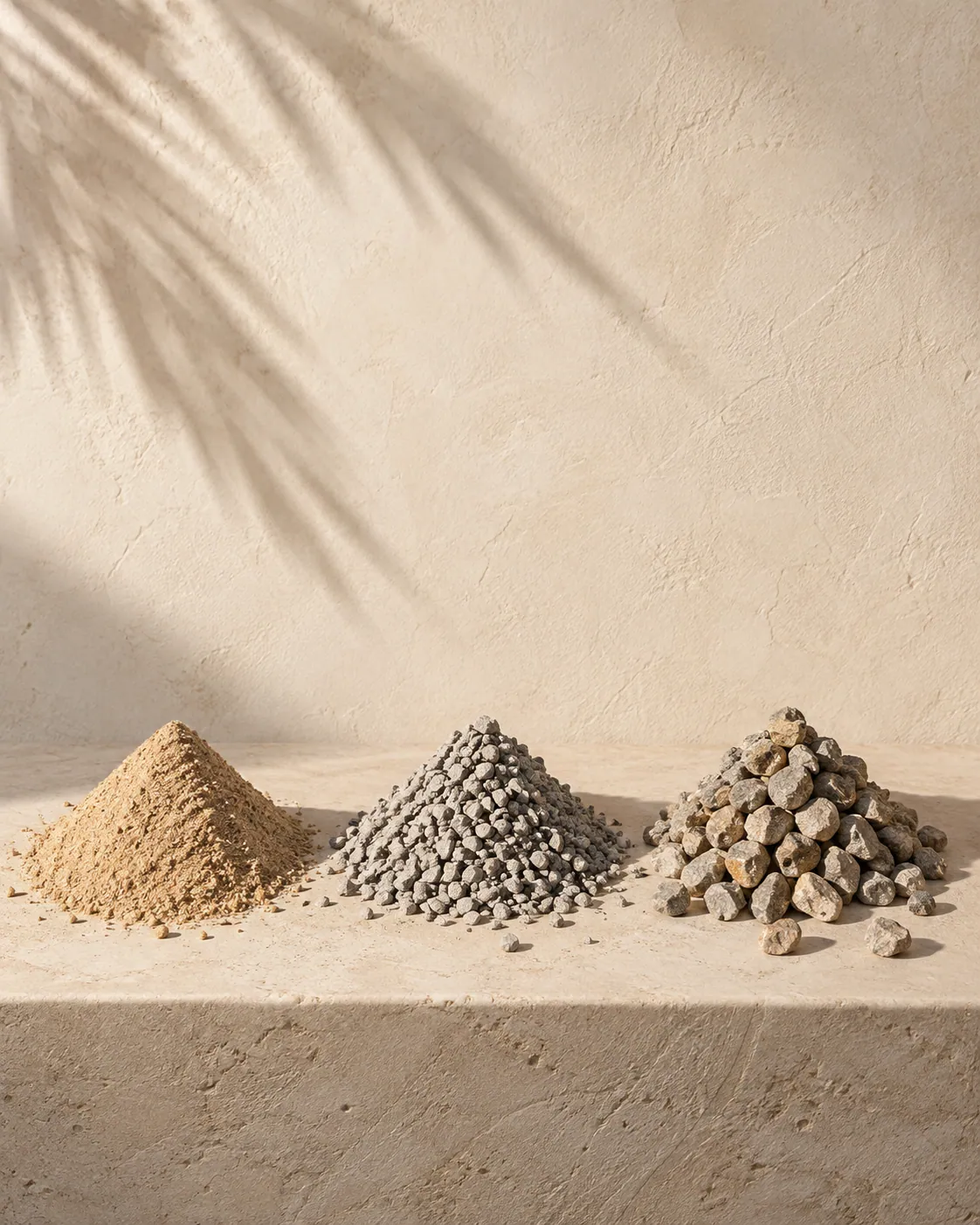 Three piles of sand and gravel in different grades