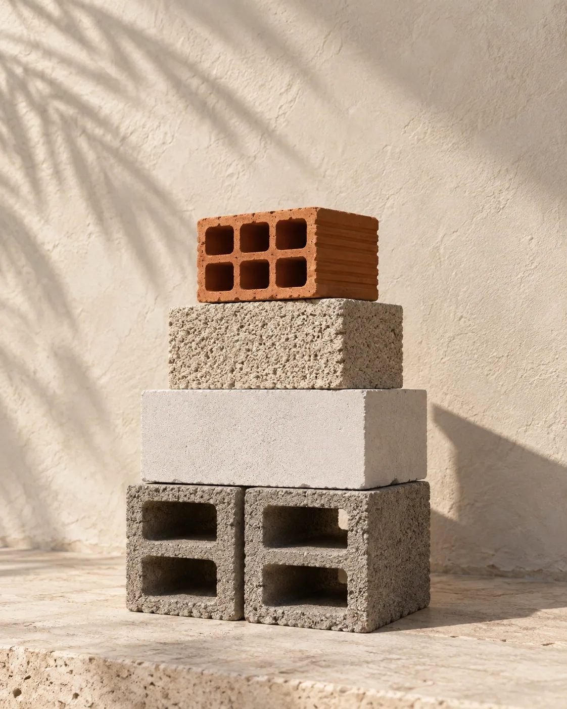 A stack of concrete, pumice, aerated and clay blocks