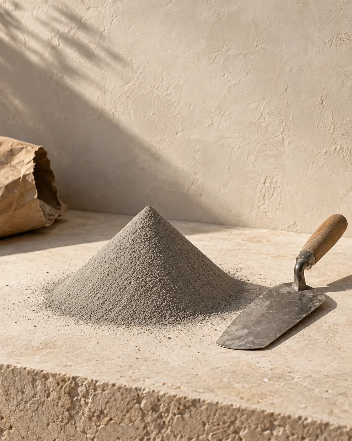 A cone of grey cement powder beside a steel trowel on a limestone ledge