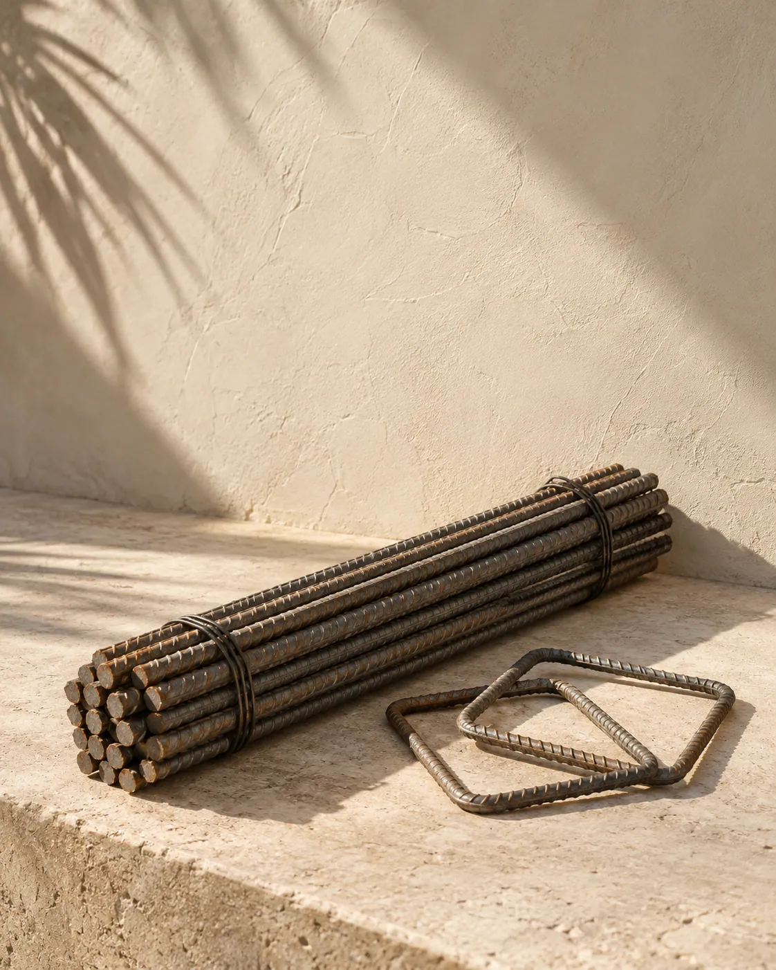 A tied bundle of ribbed steel rebar with bent stirrups