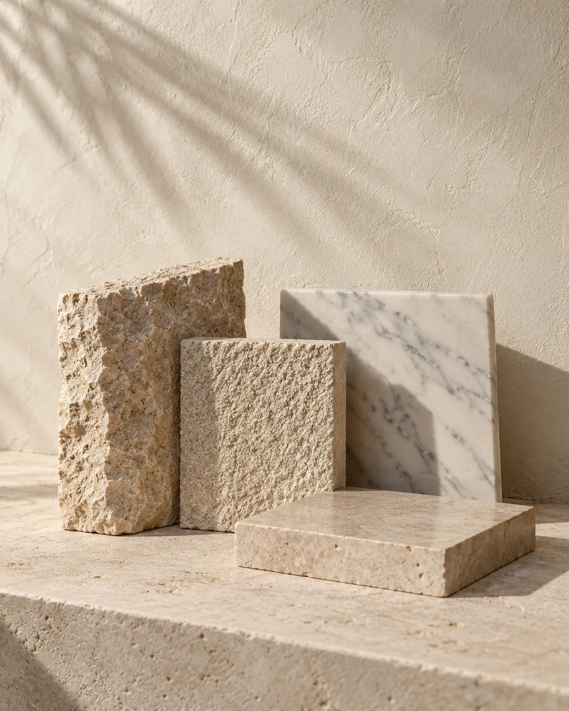 Limestone cladding samples with different finishes and a marble slab