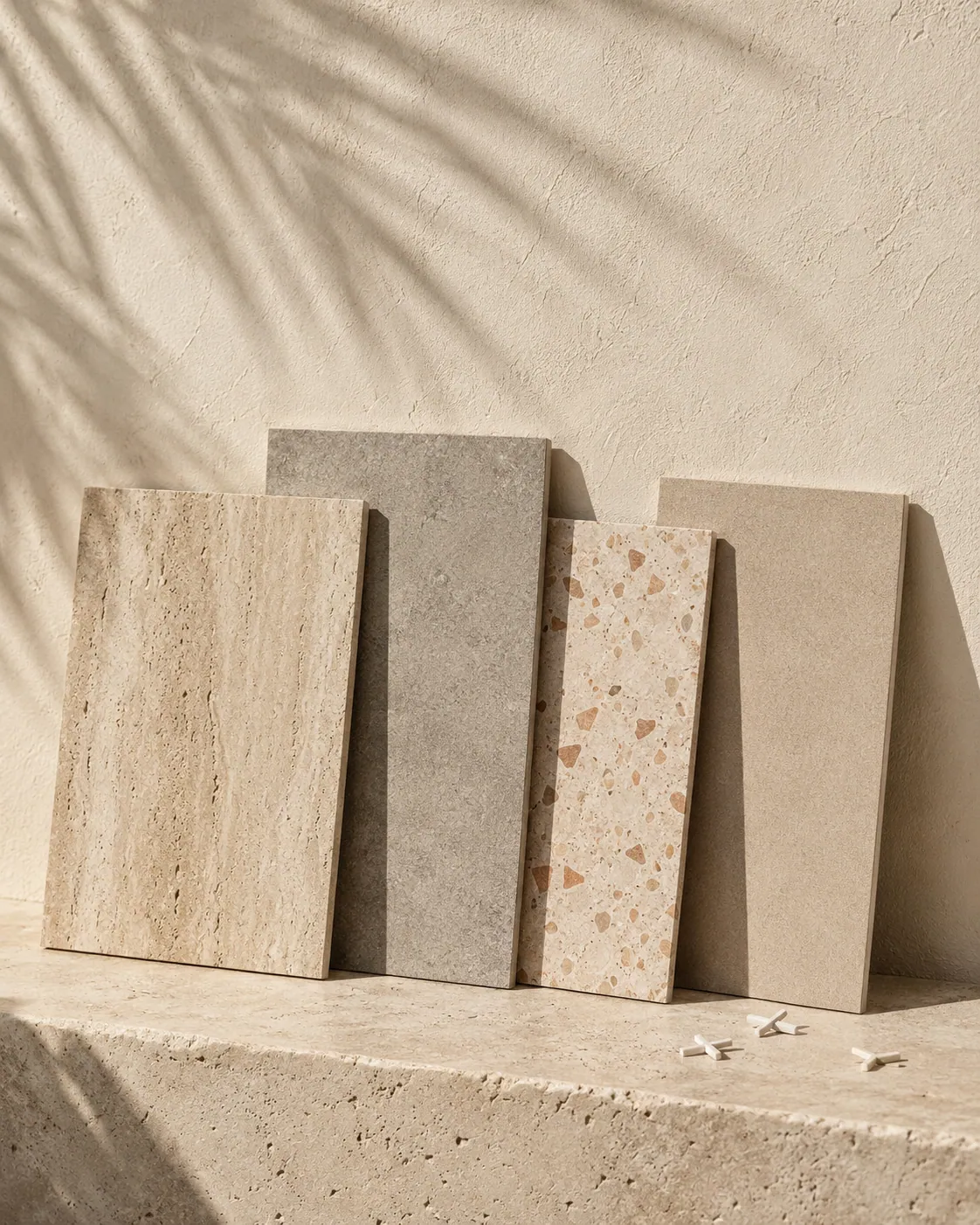 Large-format porcelain tile samples in warm neutral tones