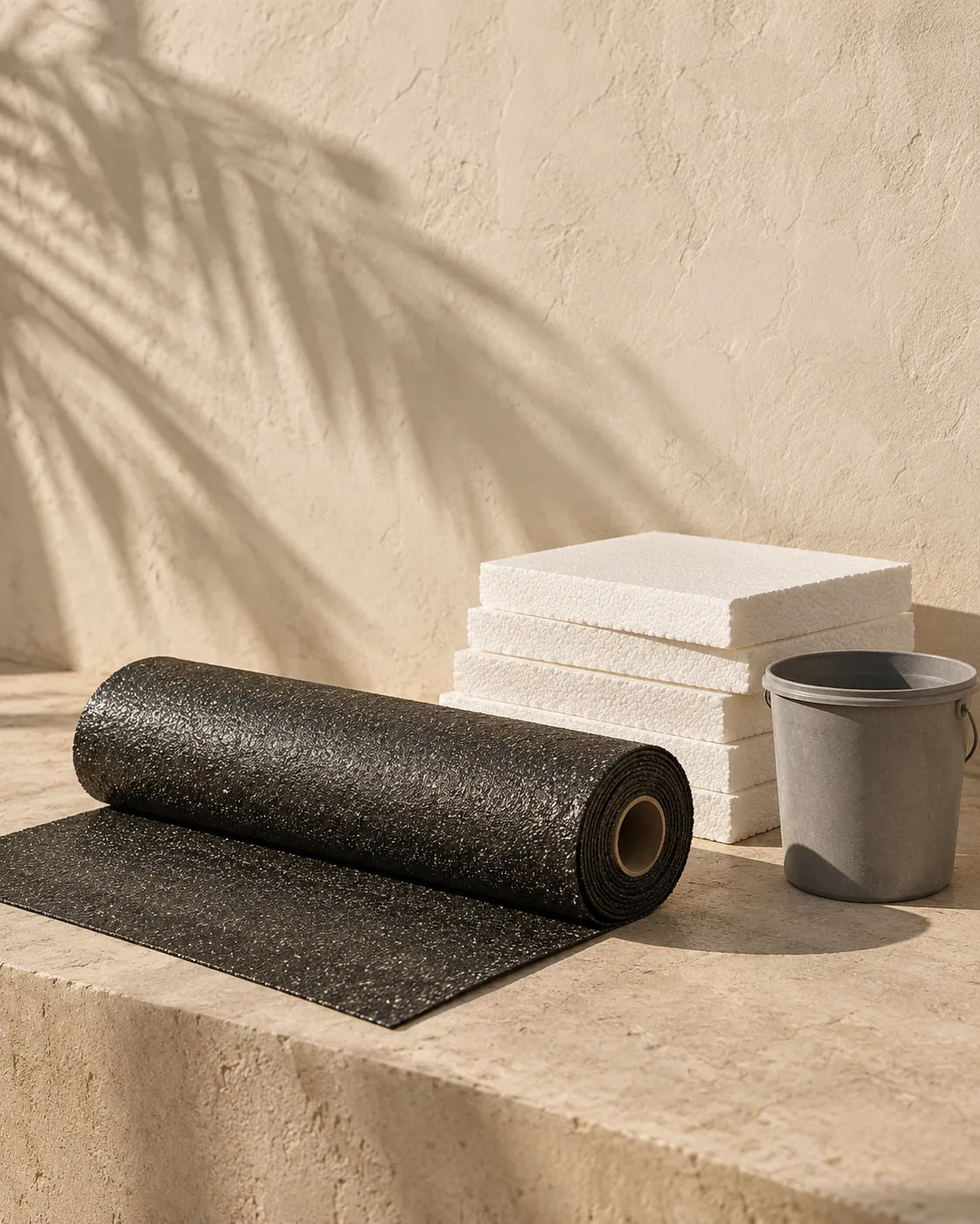 A roll of black bitumen membrane beside white insulation boards