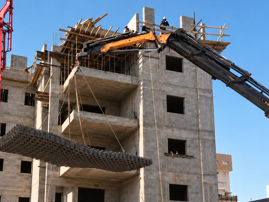 A truck crane lifting a load to the upper floors of a building under construction